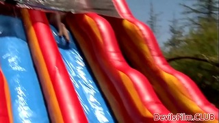 Wet lesbians strapon fucking in outdoors orgy